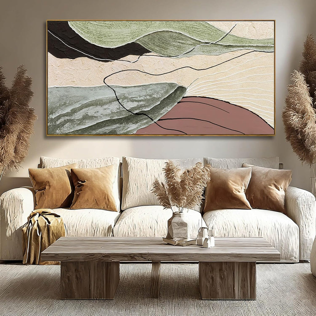Brown Green Abstract Canvas Wall Art, Framed Beige White Painting, Neutral Black Prints Wall Decor, Artwork