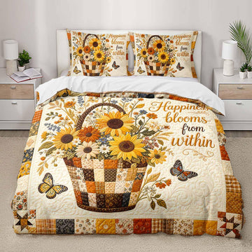 Sunflower Basket Bedding Set 3 Piece, 1 Duvet Cover + 2 Pillowcases, Golden Blooms Butterflies Warm Patchwork