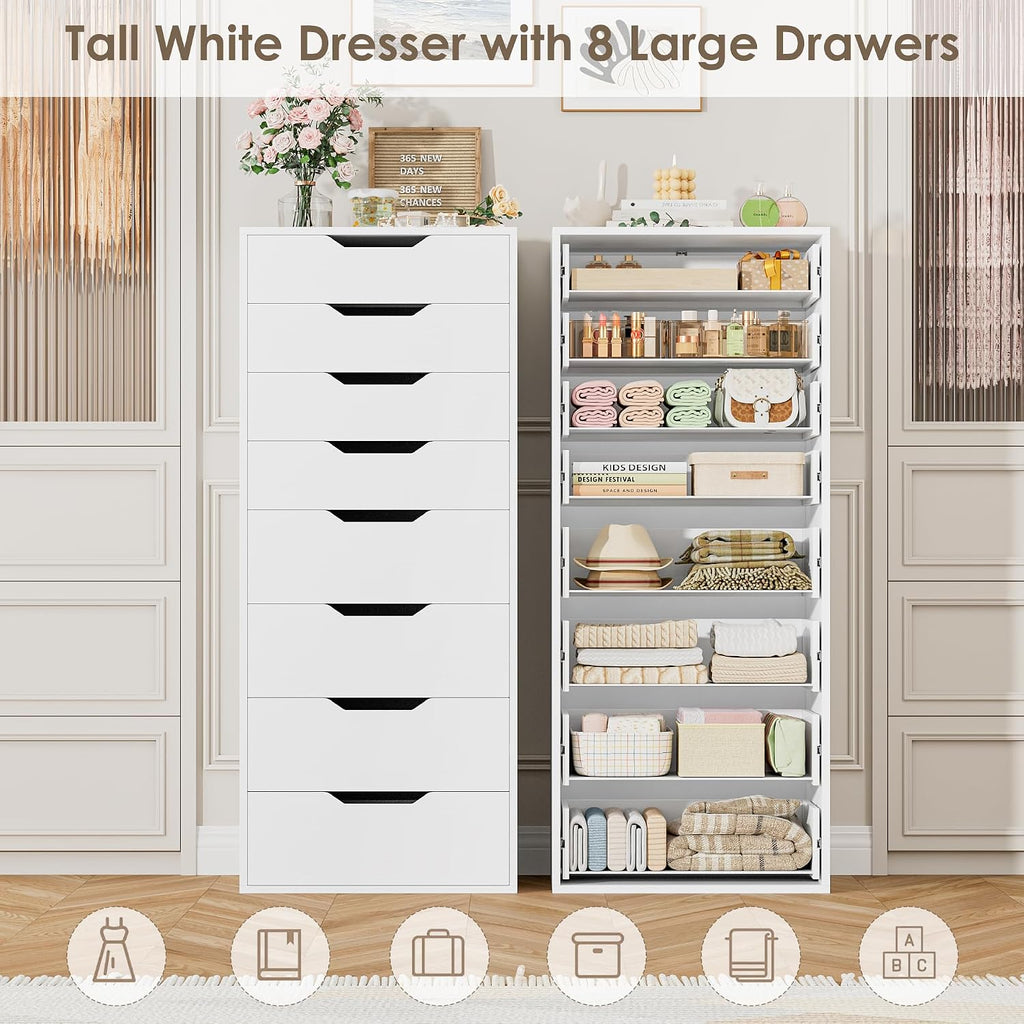 Tall White Dresser, 8 Drawer Dresser with Groove Handles, White Tall Dressers, Modern Chest of Drawers with Large