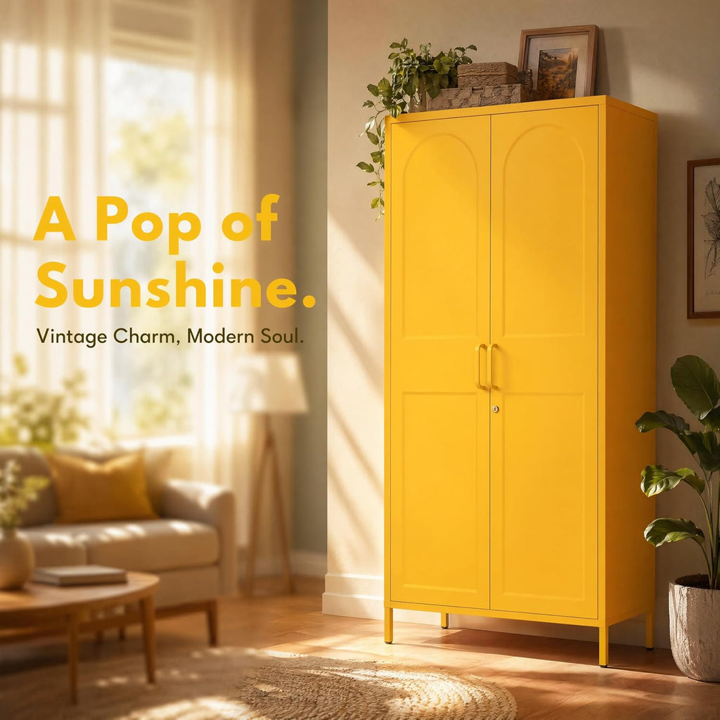 67 Inch Lockable Yellow Steel Wardrobe Storage Cabinet, Freestanding Metal Armoire Locker with Hanging Rod and