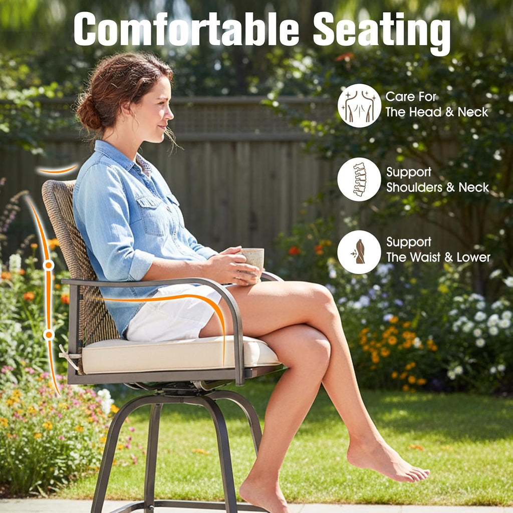 Outdoor Bar Stools Set of 4, 360° Swivel Metal Frame, Wicker Patio Bar Height Stools with Cushion, All-Weather Rattan