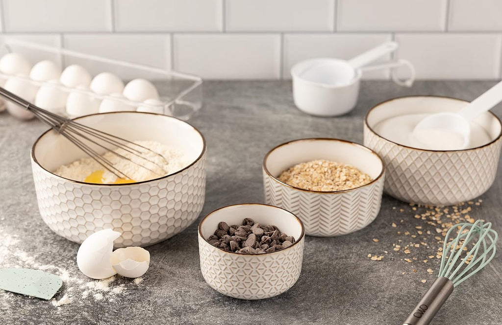 Serving Bowls, with Lids, Ceramic Nesting Bowls, Set of 4, Embossed, Kitchen, Prep, Stackable, Gift, Microwave and