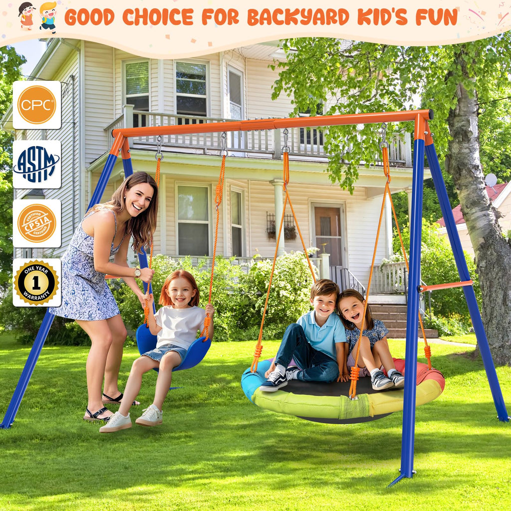 Swing Set for Backyard, 32" Saucer and Belt Seat, 440 lb Frame
