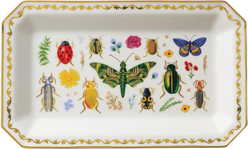 Curio Large Catchall Tray - Porcelain Storage Tray, Colored Illustrations and Metallic Gold Accents, 10" L x 6" W x