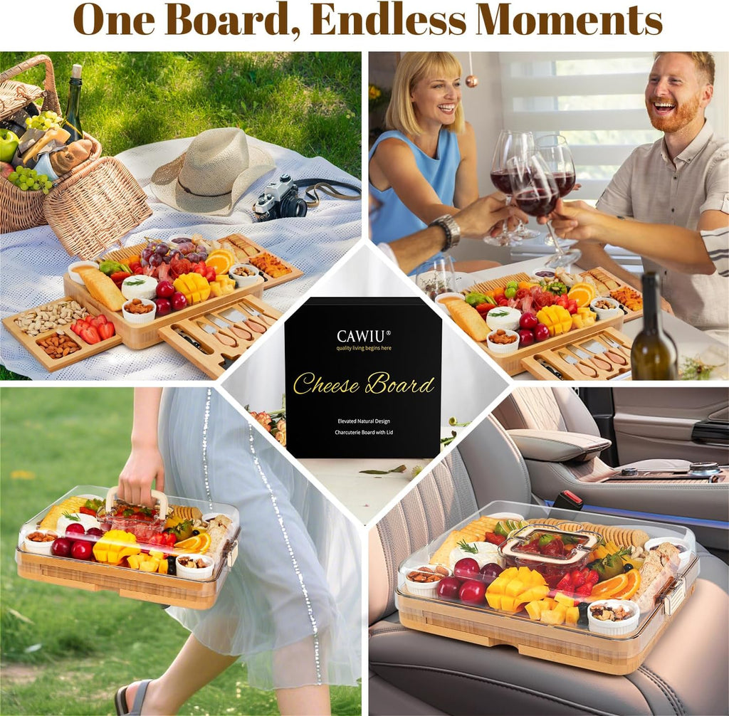 Large Bamboo Charcuterie Board Set with Lid, Drawers, Cream | Includes serving utensils and a fruit tray for easy
