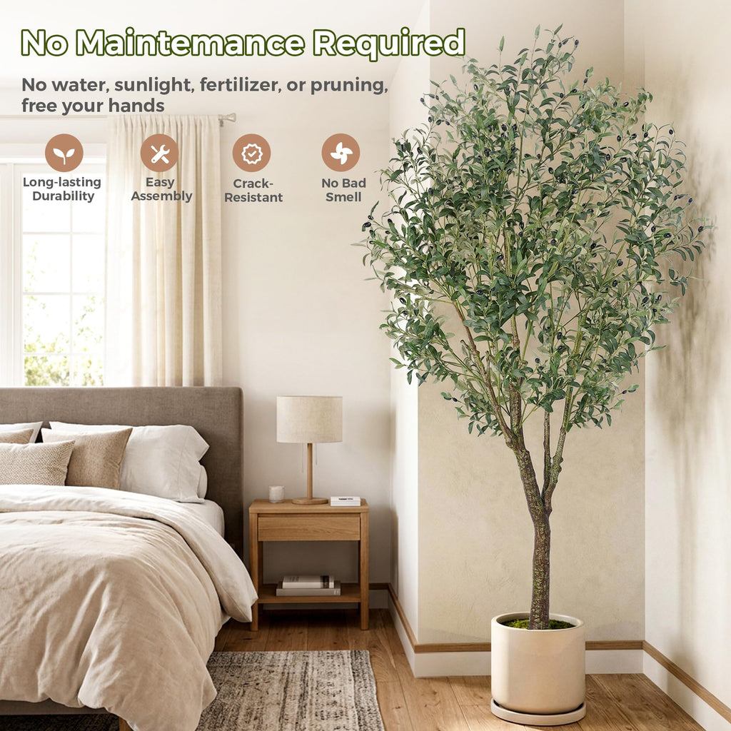 Artificial Olive Tree 7FT, Indoor Fake Silk Plant with Realistic Trunk, Leaves, Fruits and White Planter, Faux Potted
