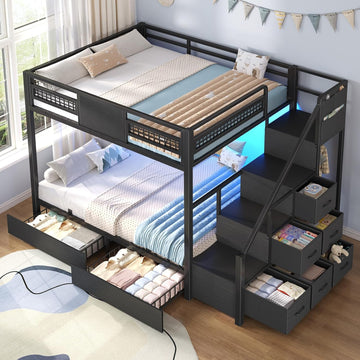 Bunk Bed Full Over Full with Stairs, LED Lights Full Bunk Bed with 2 Storage Drawers & 6 Fabric Drawers