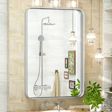 20 x 30 Inch Silver Bathroom Wall Mirror Vanity Metal Frame Round Corner Rectangular Decor Living Room Entryway