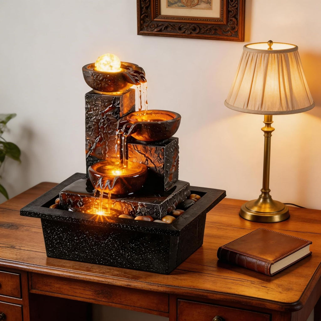 Three Bowls with Rotating Ball Flowing Tabletop Fountain Home Décor Indoor Decor Waterfall Sound Zen Mini Fountain