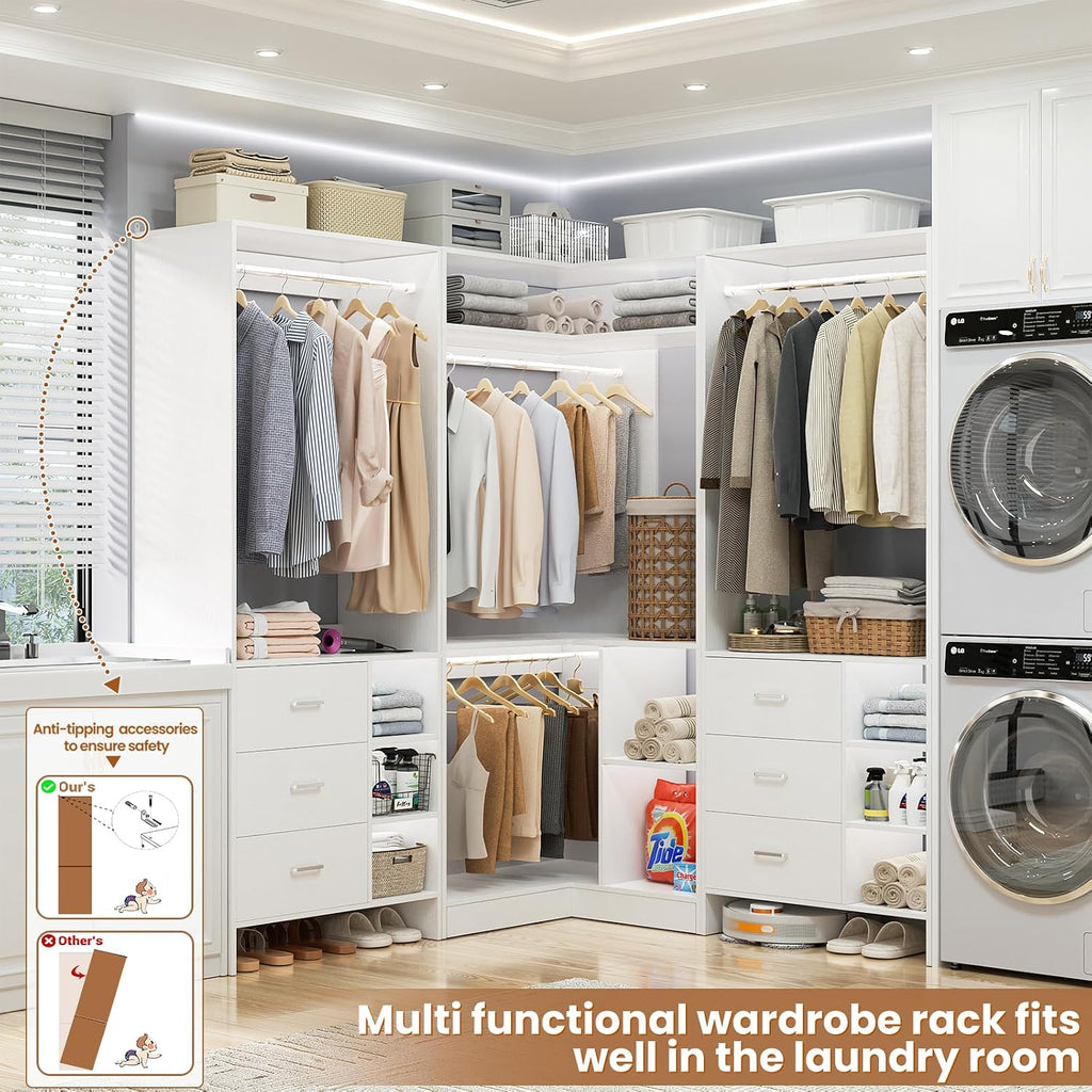 Closet System with 6 Drawers, 4 Hanging Rods & Corner Tower, Corner Closet System with Hanging, 92.6" L-Shaped
