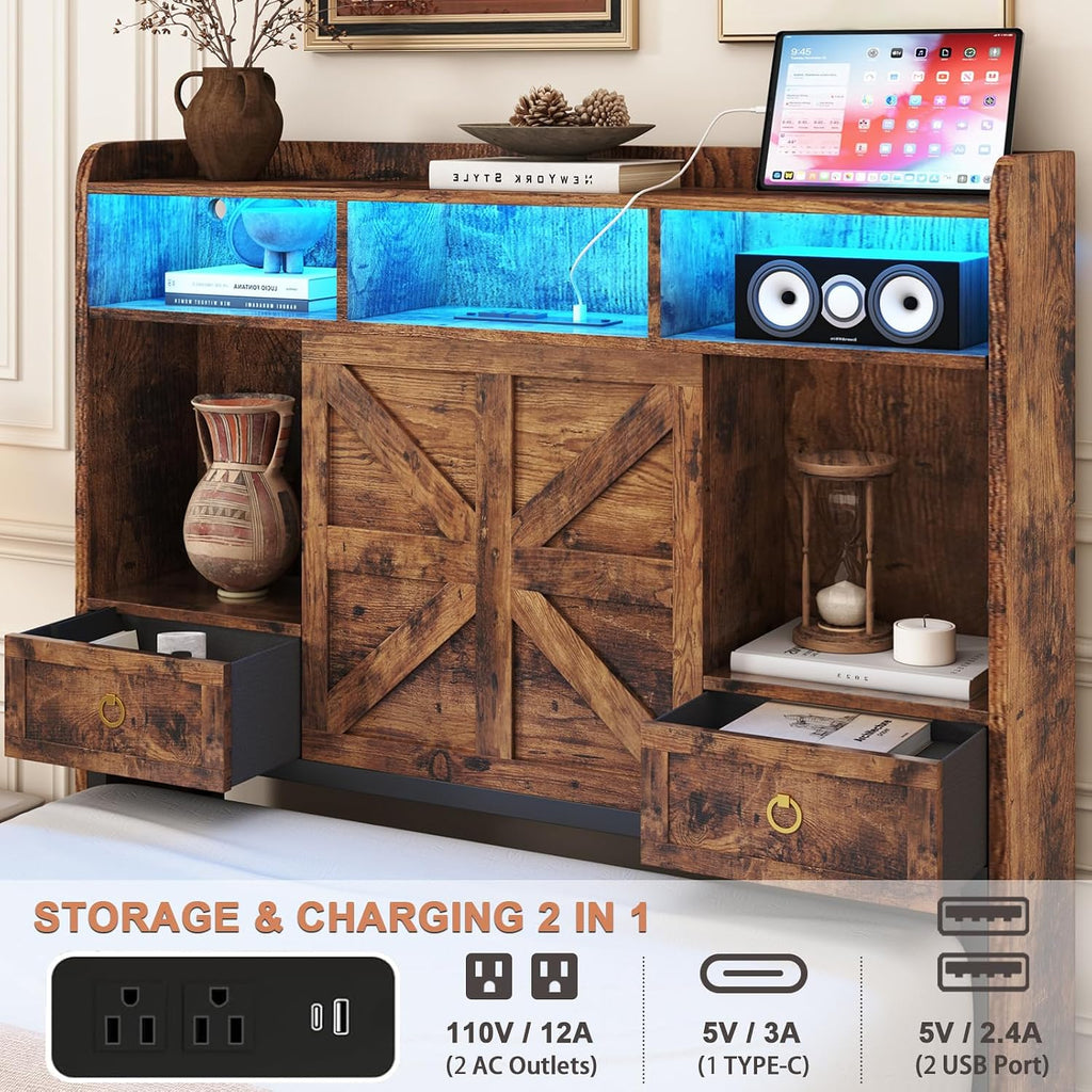 Twin Bed Frame with Storage Headboard and Drawers, Farmhouse Platform Bed Frame with Charging Station & LED Lights