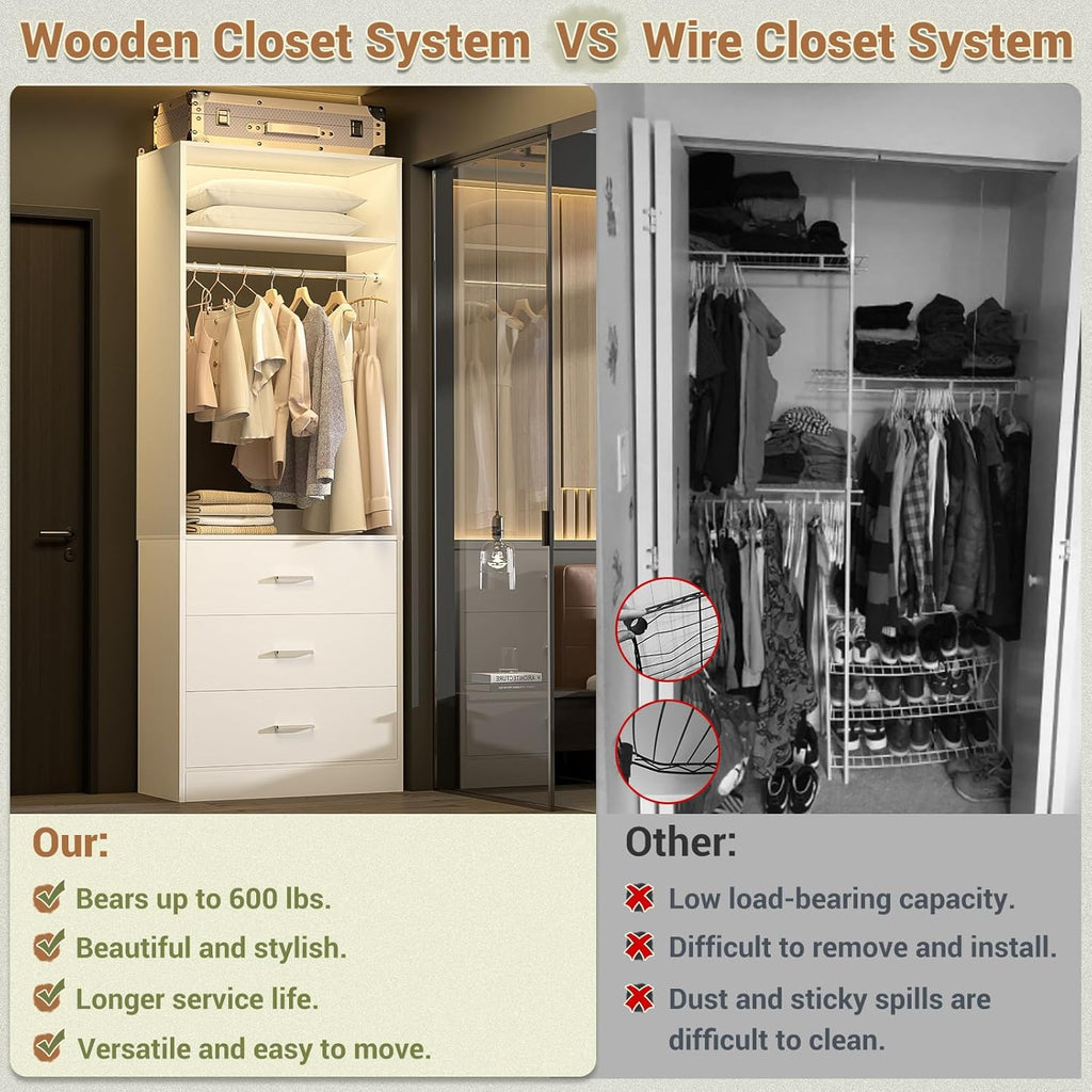 Freestanding 2FT Closet System with 3 Drawers,Wood Closet Organizer | 24" Closet Organizr system with Hanging Rod &