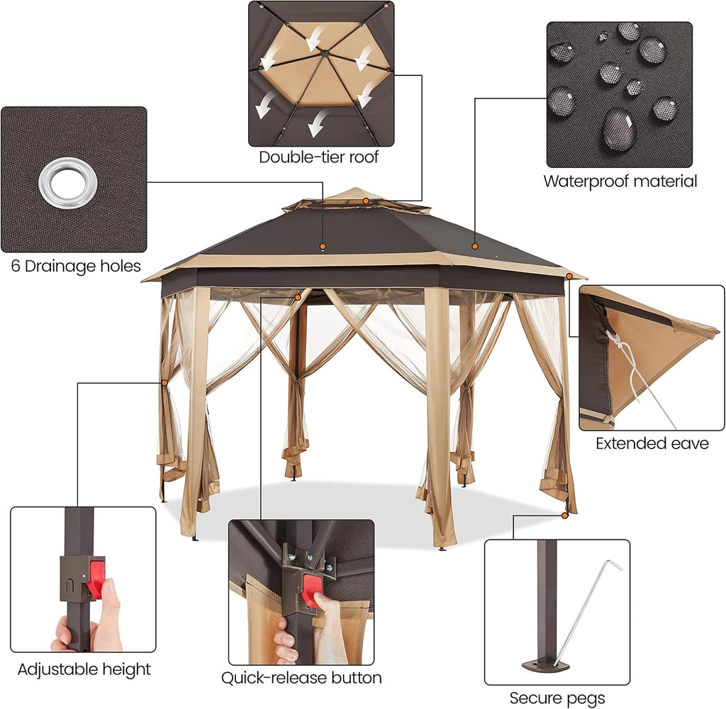 13x13 Pop up Gazebo, Hexagonal Outdoor Canopy Shelter