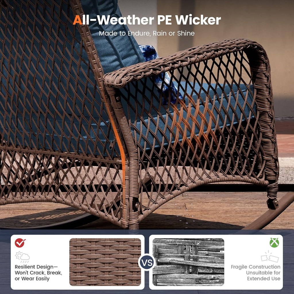 Rocking Chair Outdoor Set 2 w/Coffee Table, 3 Pc Wicker Bistro Set | Rocking with 4" Water-Resistant Cushions