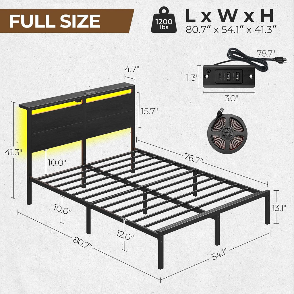 Full Bed Frame with Charging Station, LED Full Bed Frame with Wood Storage Headboard