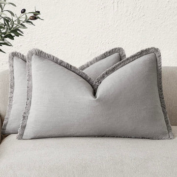 Boho Linen Fringe Lumbar Throw Pillow Covers 12×24 Light Gray