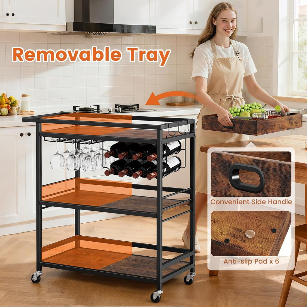 Bar Cart , 3 Tier Rolling Serving Carts with Wheels | Drink Cart, Liquor Stand with Removable Tray, Wine Rack and