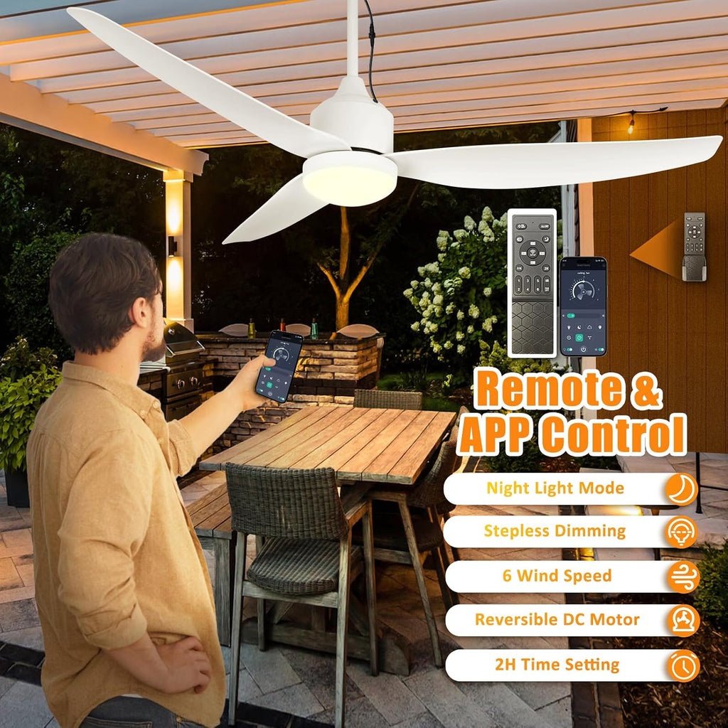 52 Inch Waterproof Gazebo Fans with Lights Outdoor Hanging - Plug in Remote App Control for Patio Indoor Farmhouse Porch - White 6 Speed Reversible DC Motor