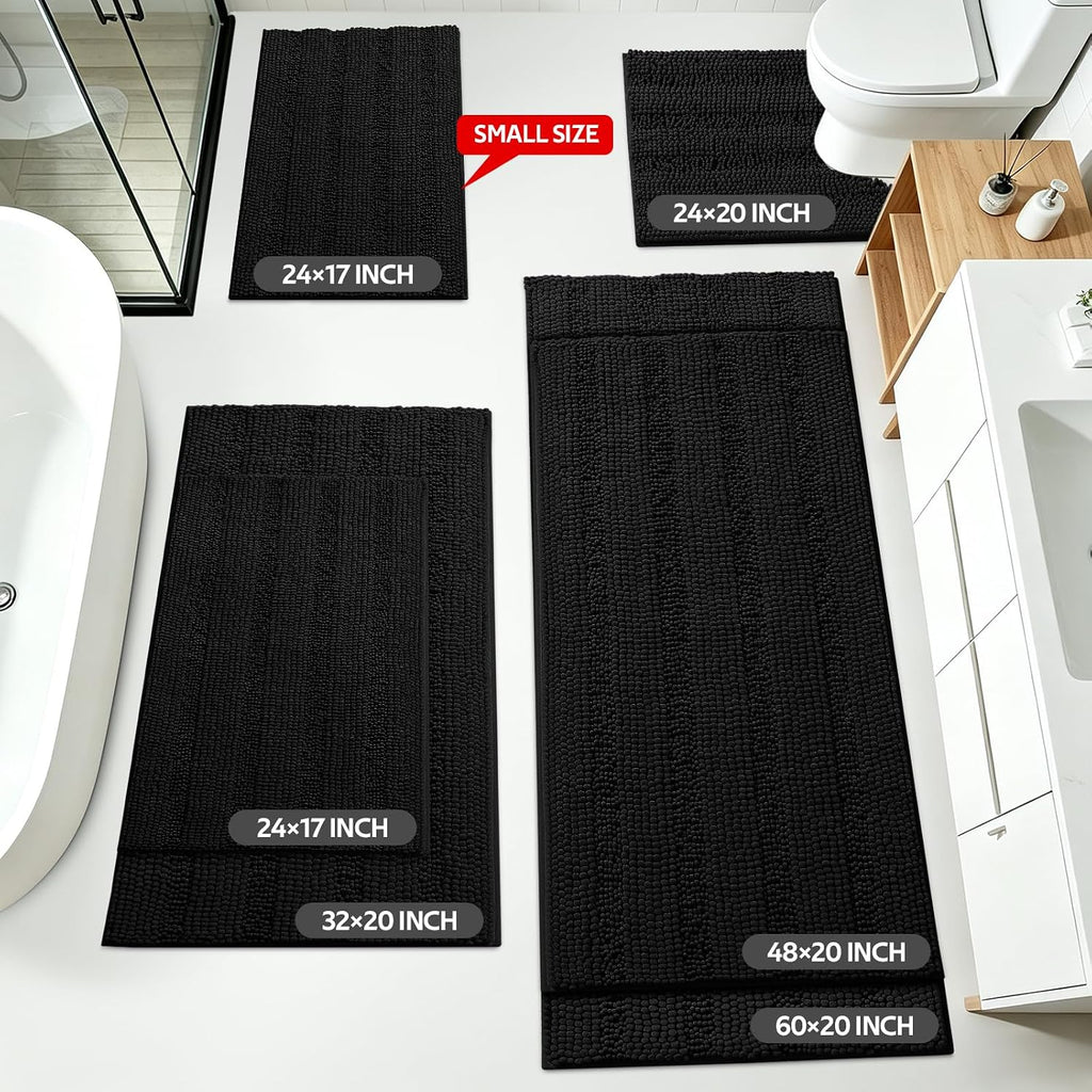 Striped Black Bathroom Rug Set 3 Pieces Ultra Soft, Non Slip Chenille Toilet Mat, Absorbent Plush Shaggy Bath Mats