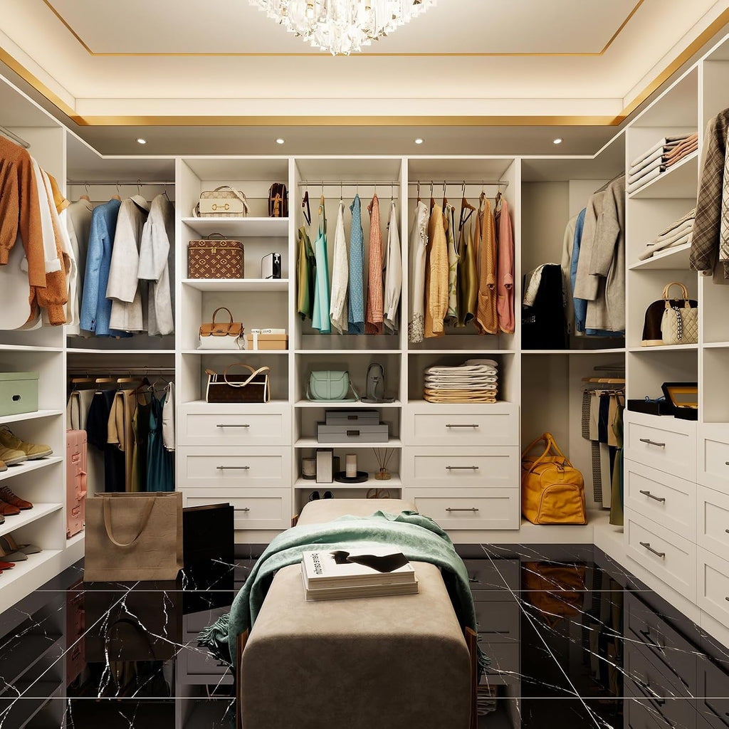 Closet System with 4 sets, 101.9" Closet Organizer Systems with 6 Drawers & 8 Hanging Rods & Adjustable Shelves, Walk