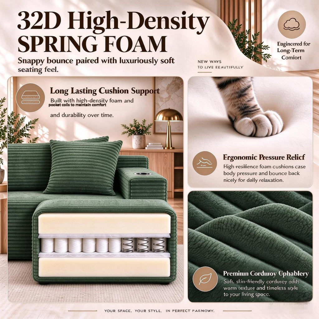 134" Boneless Couch, U-Shaped Modular Sectional Sofa, Green