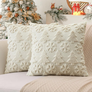Christmas Throw Pillow Covers 20x20 Inch, Soft Plush Faux Fur Christmas Tree Snowflake Winter Holiday Xmas - Set of 2