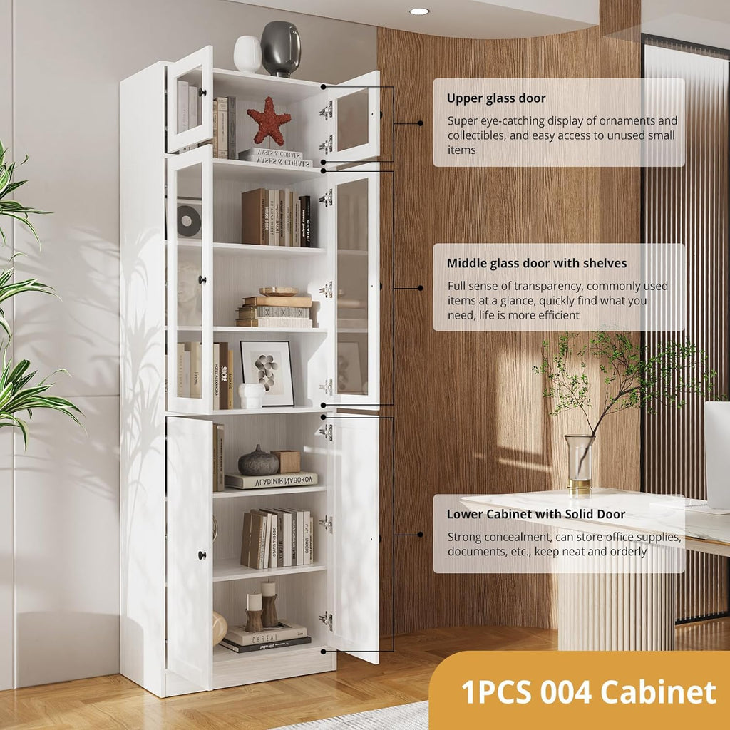 85.5" Tall Bookshelf Single Pack - Half Glass Door Design, White 7 Tier Book Shelf, Curio Cabinets with Storage