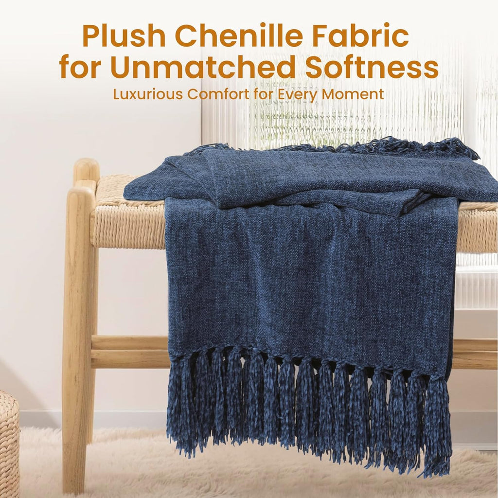 Navy Chenille Throw Blanket, Decorative Blanket,Navy 50" x 60"