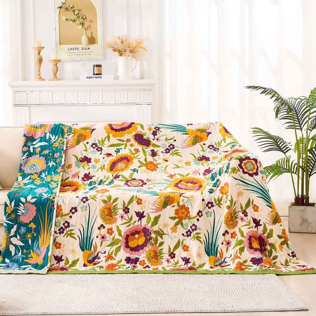 Boho Throw Blanket for Bed, 100% Cotton Soft Rustic Quilt Fall Blanket, 50"x60" Colorful Floral Printed Farmhouse