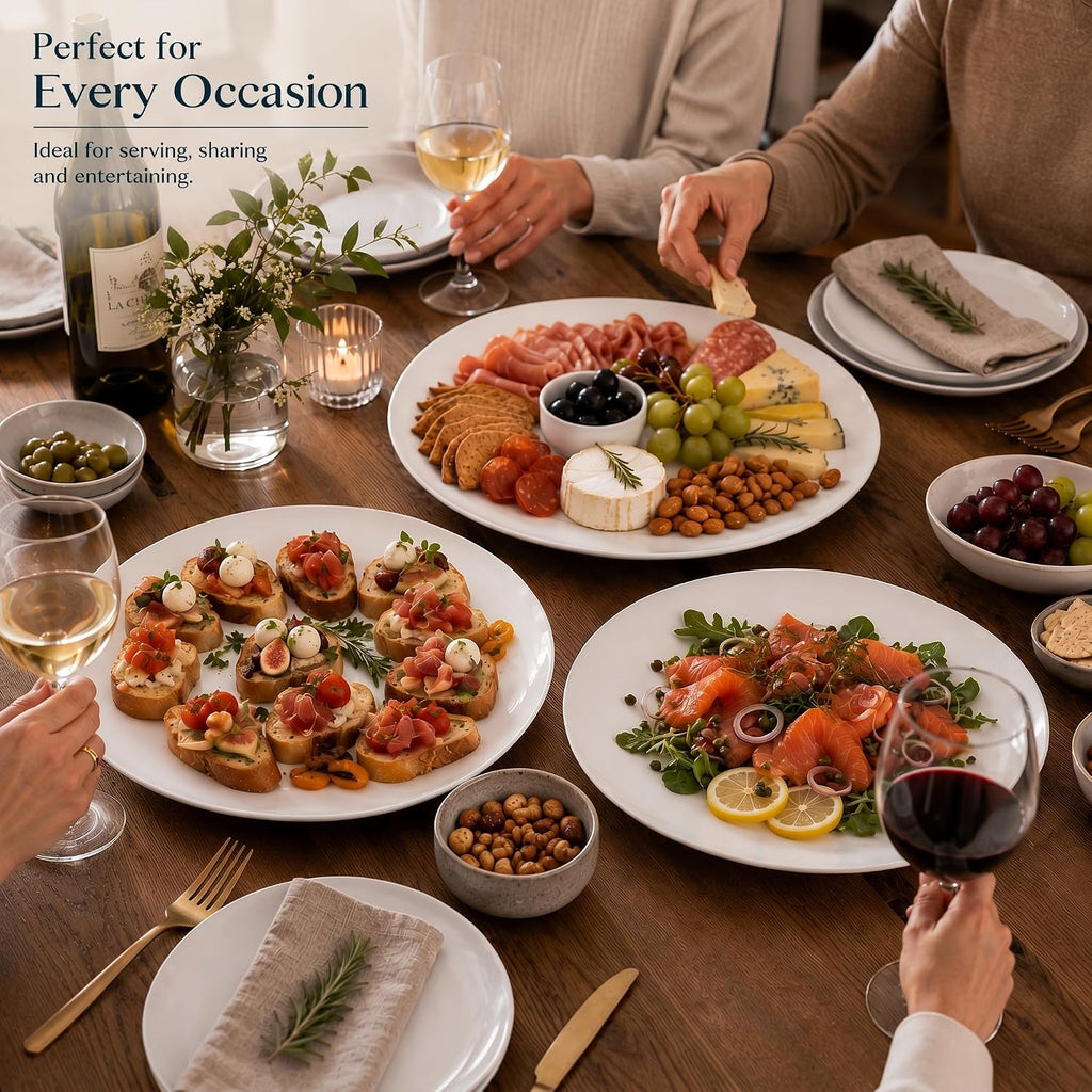 Serving Platters Set of 4, 12 Inch White Ceramic Serving Plates, Round Platters for Pasta, Steak, Appetizers and
