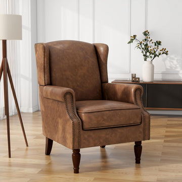 PU Leather Wingback Accent Chair, Upholstered High Back Armchair | Modern Reading Seat with Wooden Legs & Removable