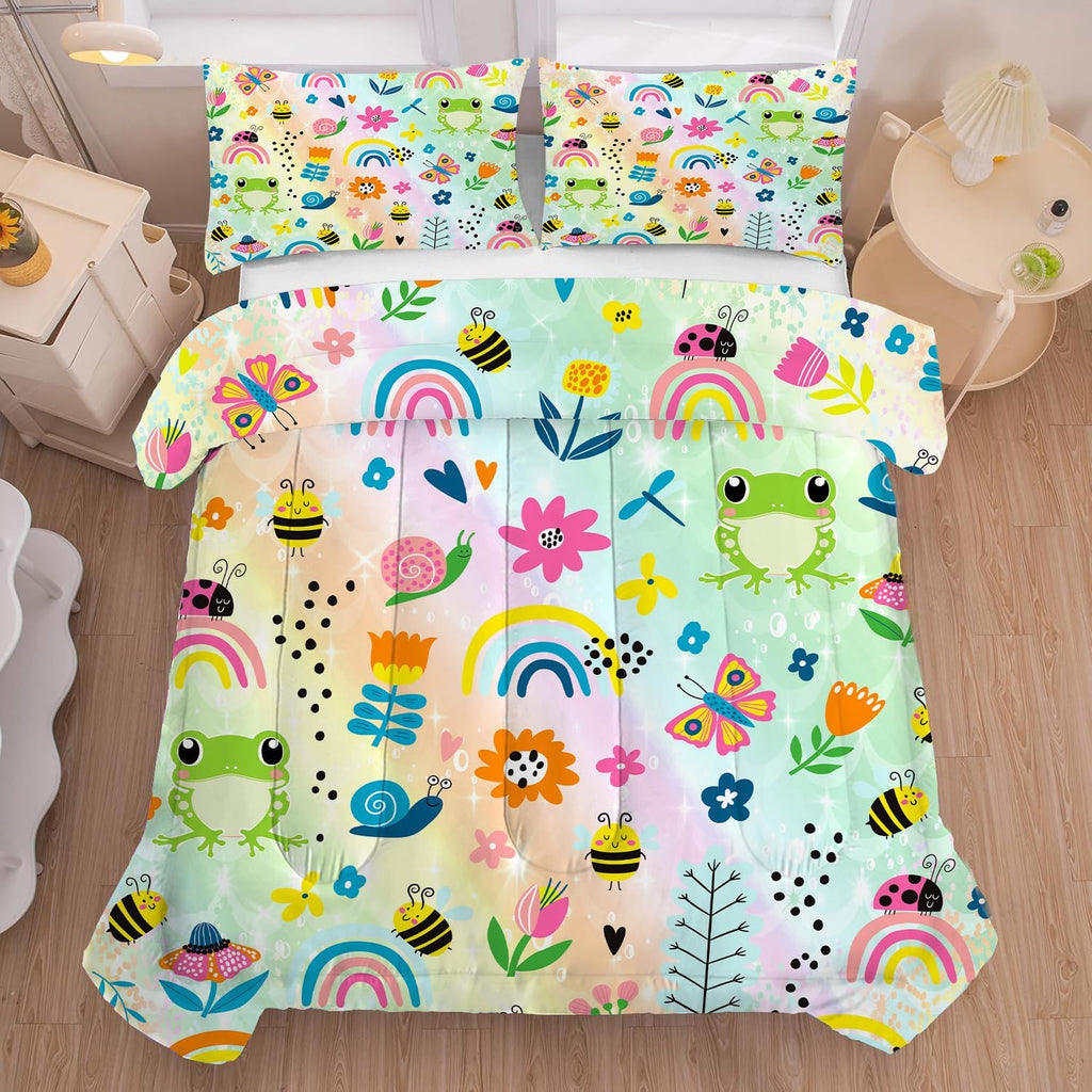 Cute Rainbow Comforter Set Queen, Frog Bedding for Kids Girls Teens