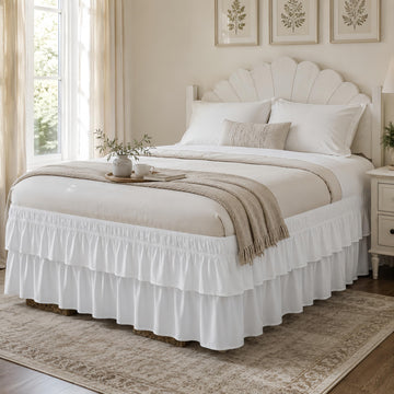 Ruffle Bed Skirt 16 Inch Drop - White Double Layered Wrap Around Dust Ruffle, Romantic Cute Design