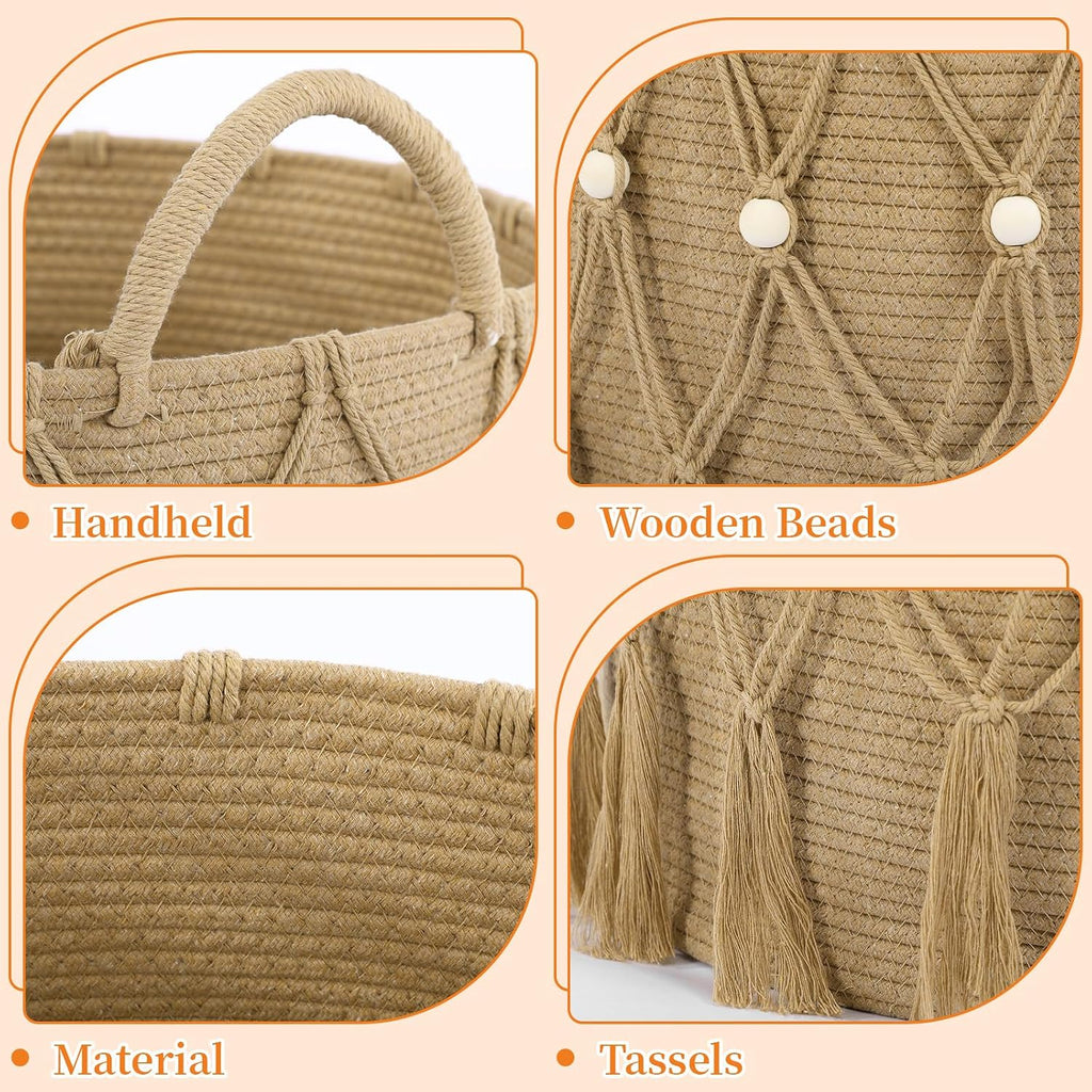 Boho Blanket Basket Laundry, 20 x 13",Beige | Woven Design, Large Decorative Basket with Bead Tassels Handles, for