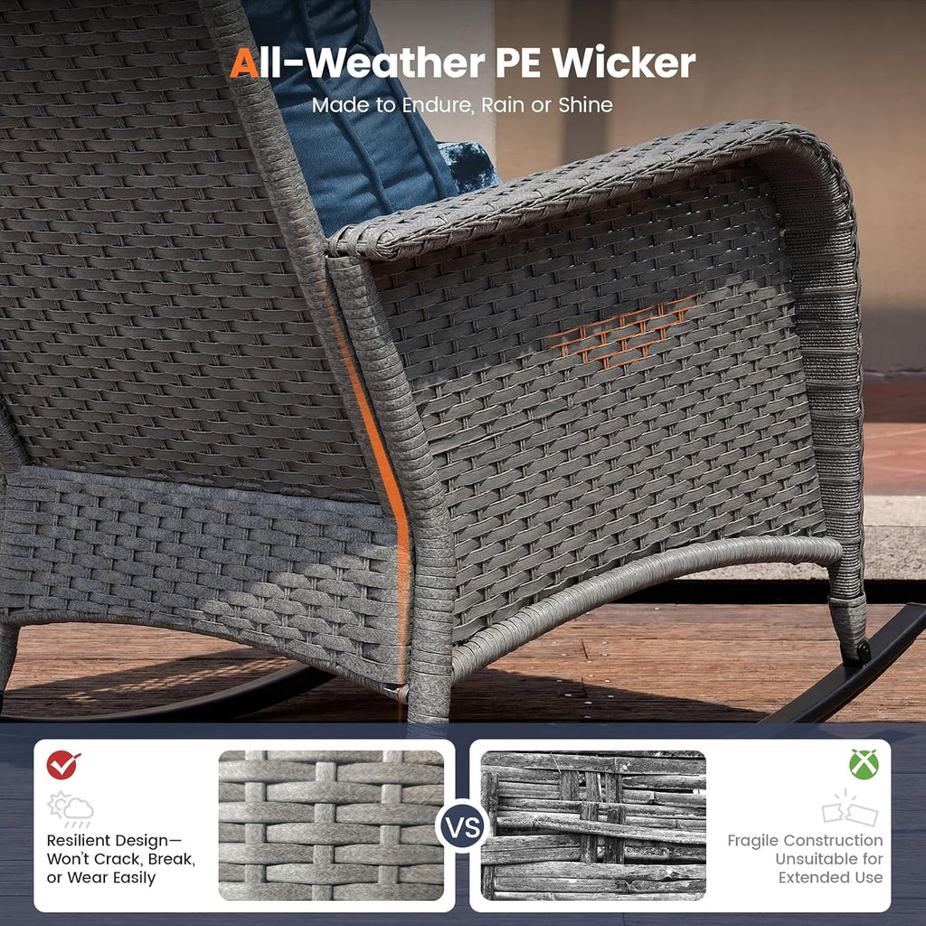 Rocking Chair Outdoor Set 2 with Table, Full Rattan Oversized Blue | 3 Piece Wicker Rocking Bistro Set with 4"