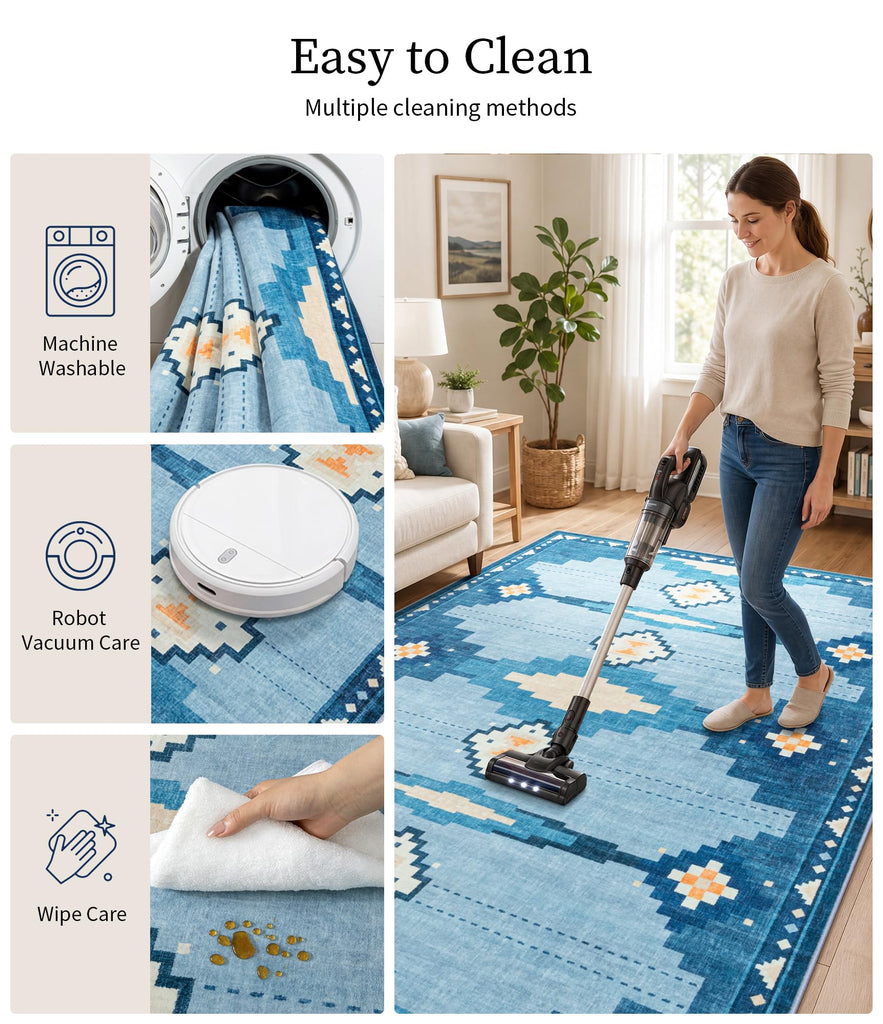 Washable Blue Geometric Area Rug