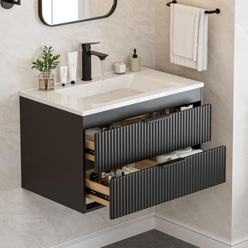30 Inches Modern MDF Bathroom Vanity with Sink, Wall Mounted Floating Cabinets w/Double Drawers, Black Handles, White Resin Sink Combo Set (Black, 30")