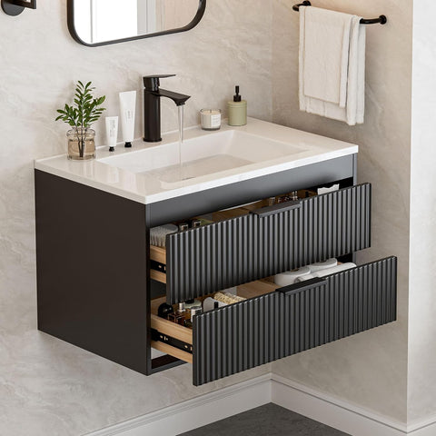 30 Inches Modern MDF Bathroom Vanity with Sink, Wall Mounted Floating Cabinets w/Double Drawers, Black Handles, White Resin Sink Combo Set (Black, 30") A133-B0F3HXYBC4