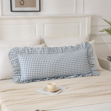 Light Blue/White Ruffled Long Lumbar Gingham Pillow Sham 14x36 inches