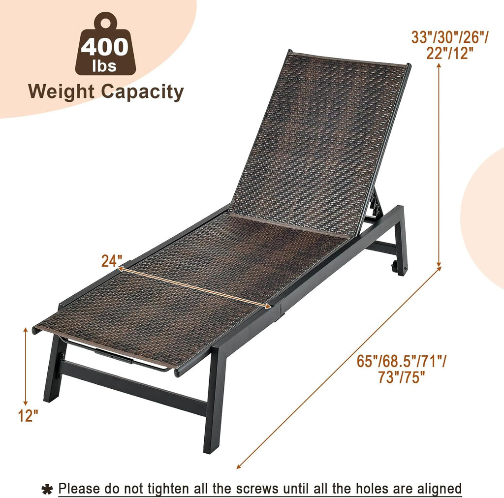 Patio Chaise Lounge Chair - Outdoor PE Rattan Recliner Chair with Wheels, 5-Position Adjustable Backrest, Steel Frame