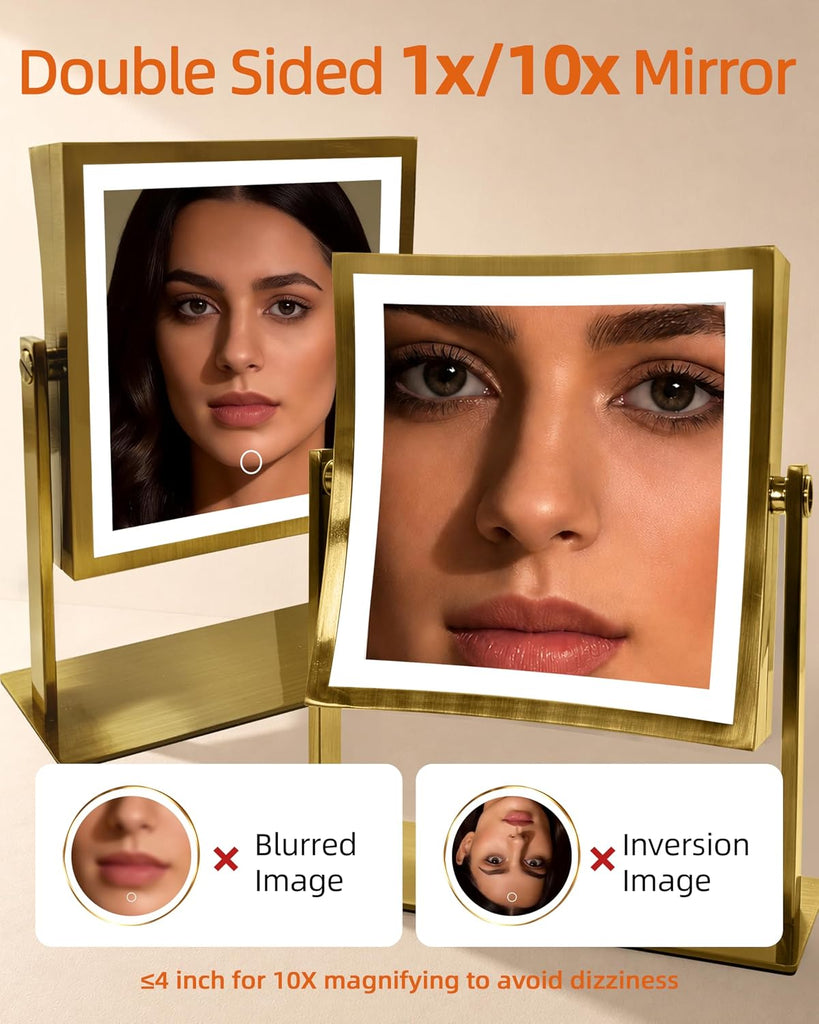 Vanity Mirror with Lights, 4000mAh Magnifying Mirror, 1X/10X Rechargeable Makeup Mirror with 3 Color