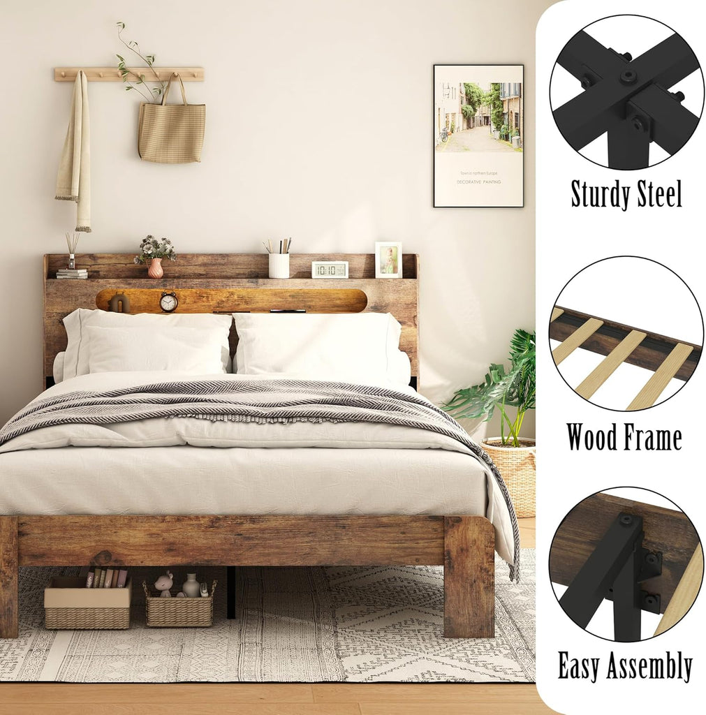 Wooden Queen Bed Frame with Storage Headboard, Farmhouse Platform Bedframe with Charging Station & Led Lights, Sturdy