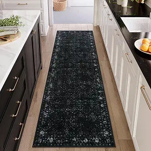 Vintage Black Washable Hallway Runner Rug, 2.6x8 Non Slip Runnersfor Hallways Entrance Indoor,Extra Long Kitchen Rug