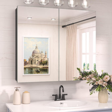 30 x 26 Surface Mount Medicine Cabinet Mirror Black, Aluminum Recessed Medicine Cabinet Mirror with Storage with