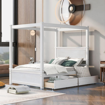 Full Size Canopy Platform Bed with 2 Drawers, Wooden Bed Frame with Support Slats, No Box Spring Needed, Brushed White