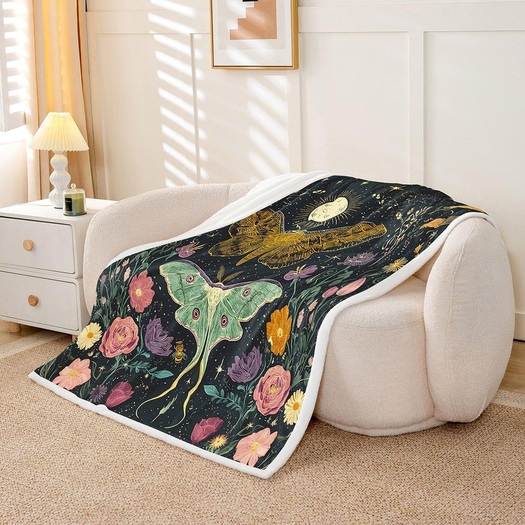 Moth Wildflower Throw Blanket Dark Witchy Boho Bed Sofa Couch Partner Botanical Neutral Living Room Decor Lightweight