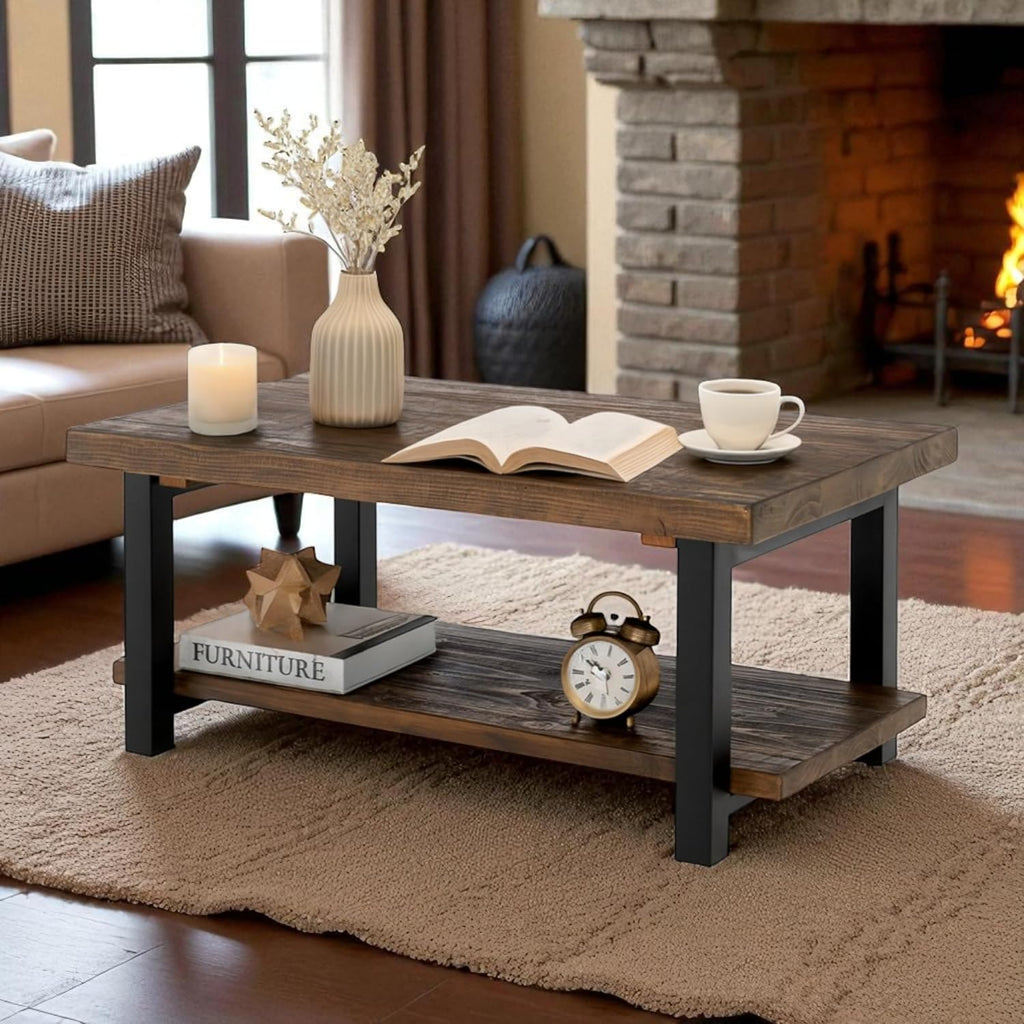 Pomona Living Room Collection - 42 Inch Rectangular Solid Wood Coffee Table with Storage Shelf & Metal Legs