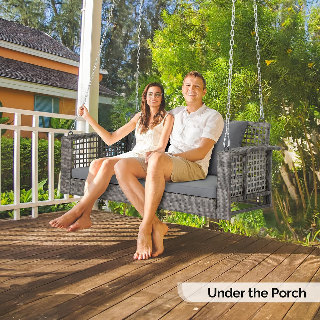 4FT Rattan Swing Bench, Outdoor Wicker Hanging Porch Swing (Grey) | 2 Person Patio Bench Swings, Adult Swing for