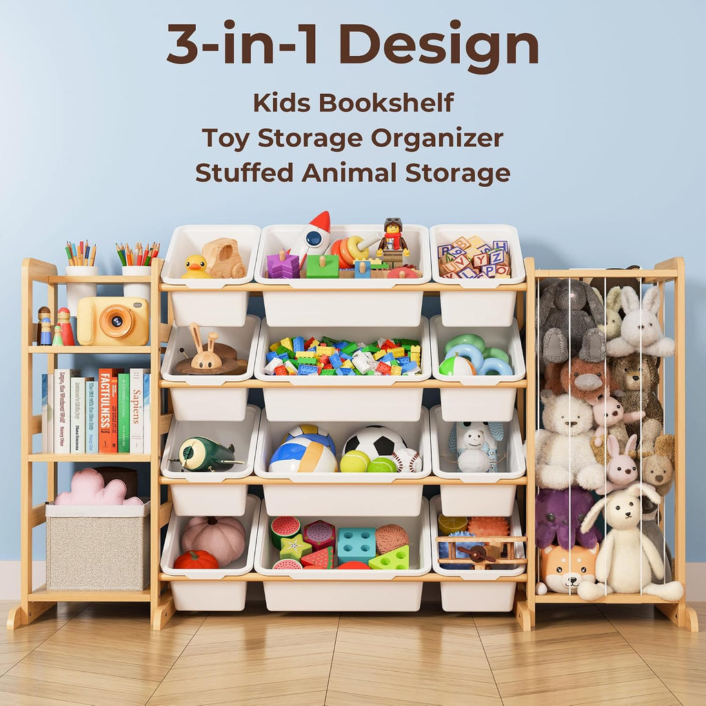 Toy Storage Organizer with Bookshelf and Stuffed Animal Storage - Kids Playroom Organization with Shelves and 12 Toy