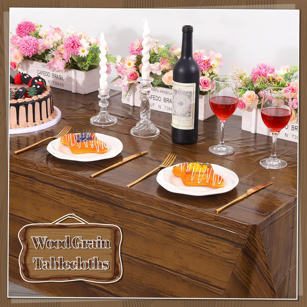 6 Pack Wood Grain Plastic Tablecloths, Rustic Wood Table Covers